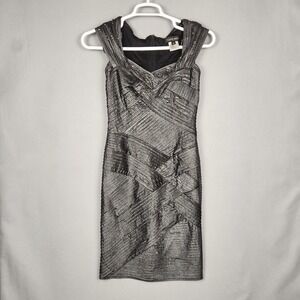 Tadashi Shoji Dress Womens XS Metallic Silver Black Cocktail Sheath Beaded Party